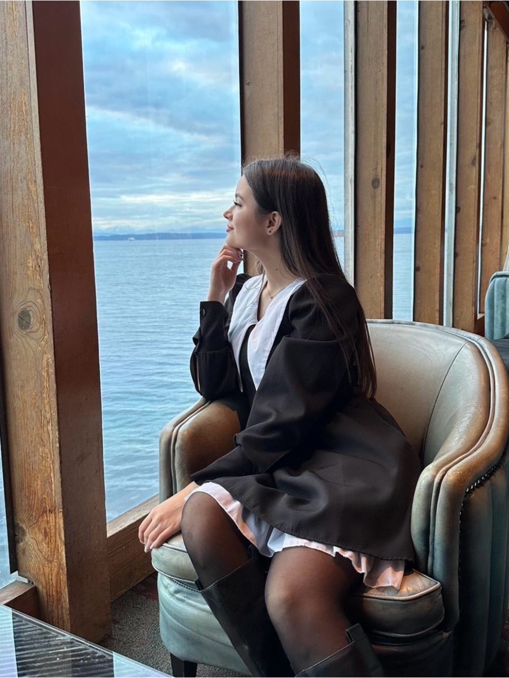 Black dress with long white collar